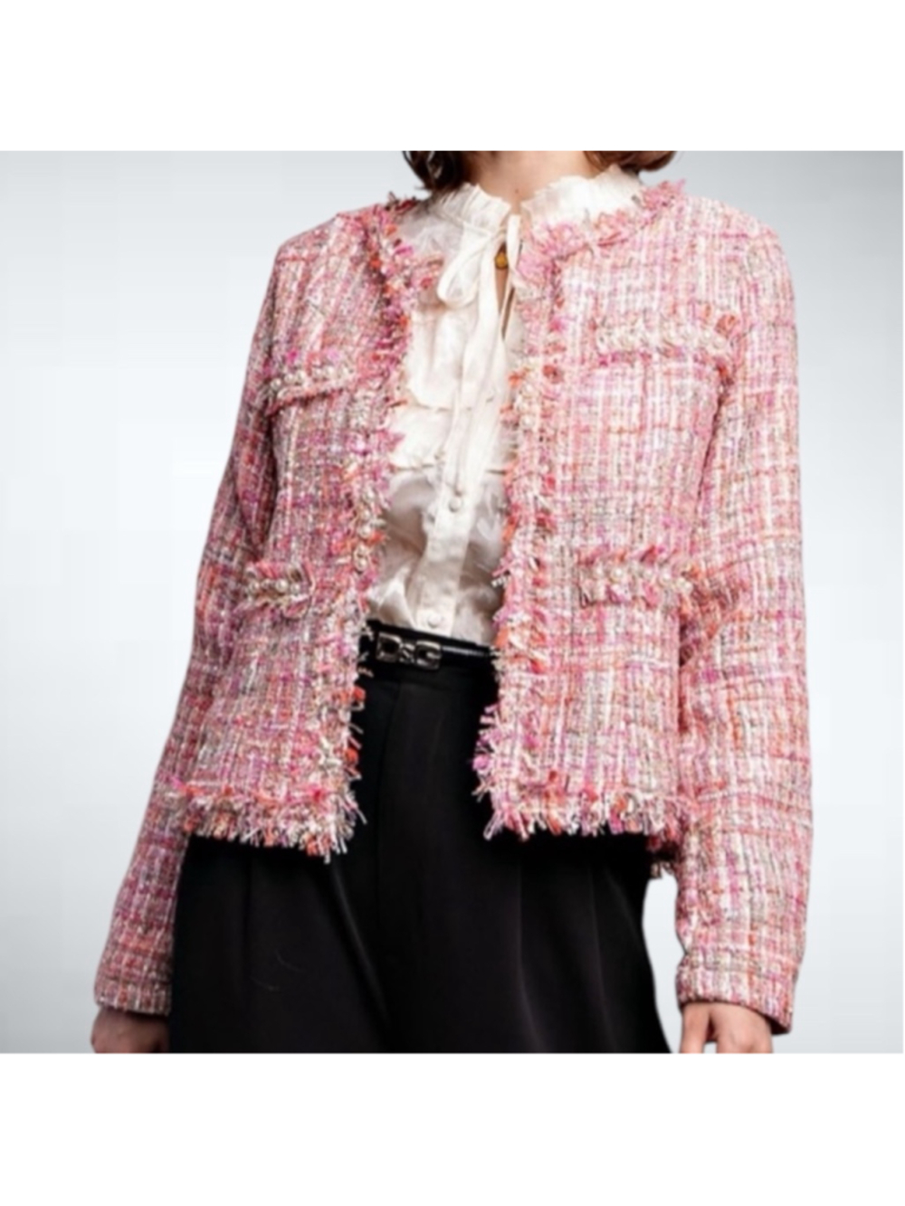 Easel Women's Pearl Embellished Tweed Blazer in Pink Size S